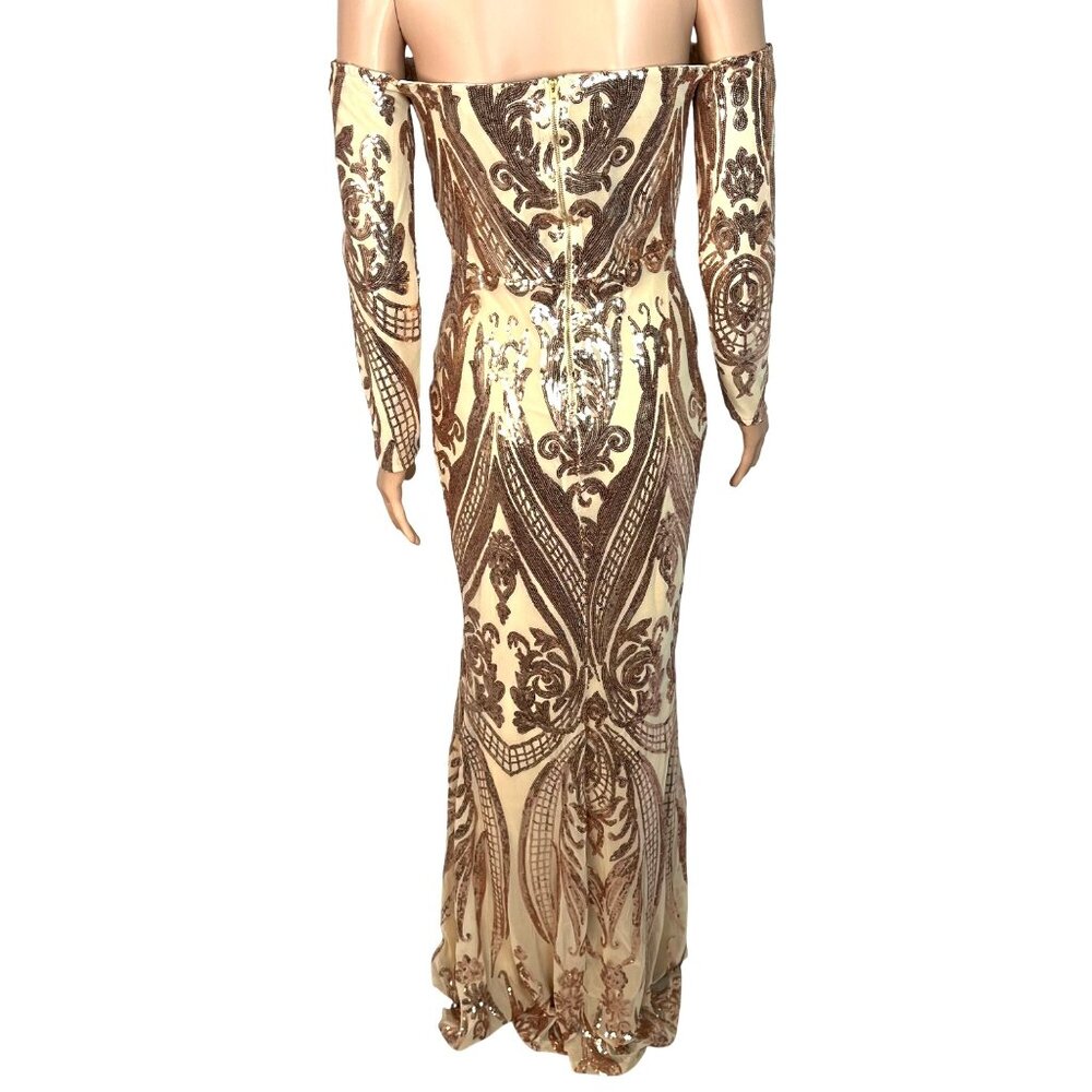 Miss Ord Gold Sequin Formal Gown Off-Shoulder Long Sleeves & Train Bodycon Small - Picture 6 of 9